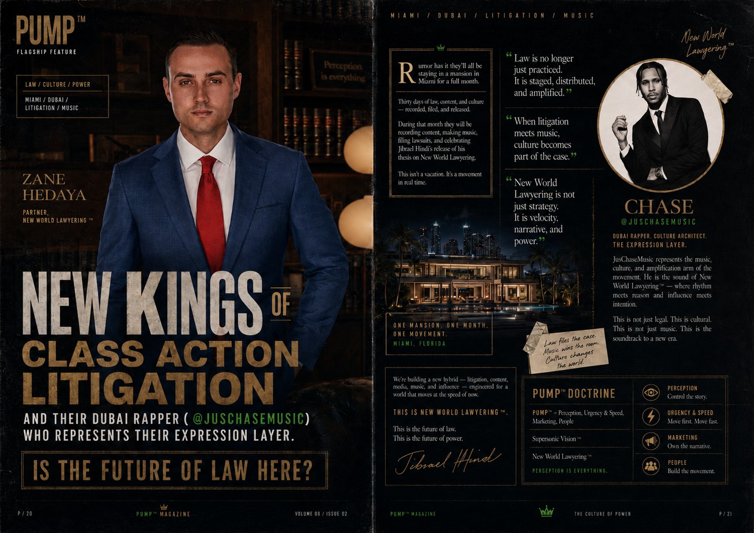 PUMP Magazine spread — New Kings of Class Action Litigation: Zane Hedaya and JusChase, the Expression Layer
