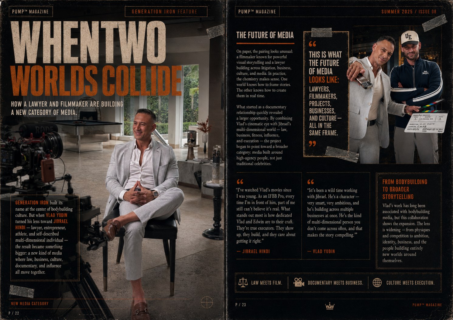 PUMP Magazine spread — When Two Worlds Collide: how a lawyer and filmmaker are building a new category of media